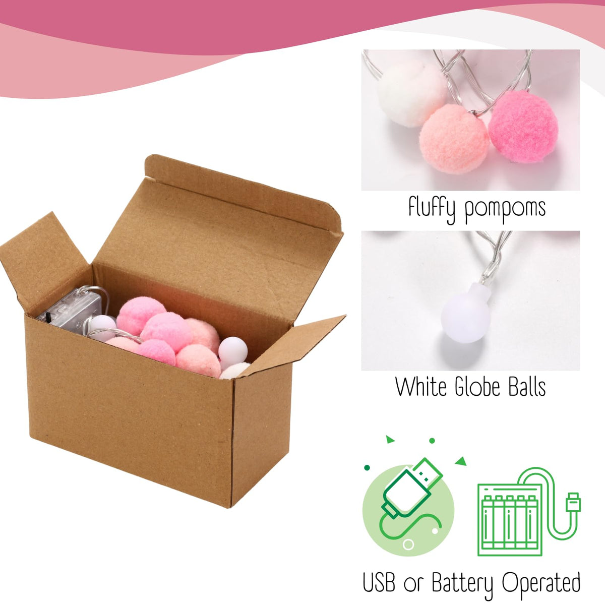 9.84FT Pom Poms Fairy Lights - 30 LED Battery & USB Operated String Lights with Warm White Globe Balls - Cute Indoor Decor for Bedroom Kids Room Playhouse Back to School Birthday Baby Shower - Pink