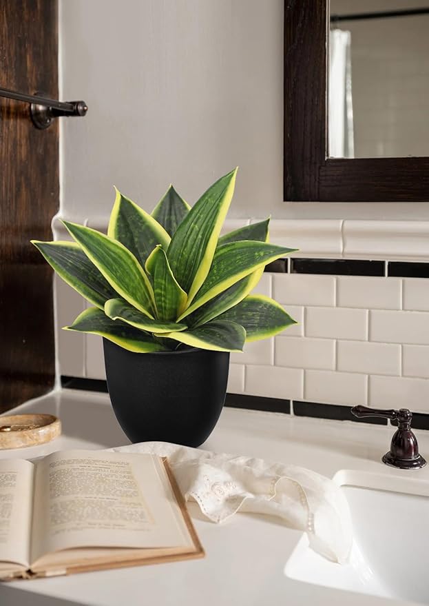 Hollyone Artificial Snake Plants 9" Faux Agave Succulent Plant Potted in Black Pot Fake Sansevieria Aloe Tropical Plant for Desk Modern Office Home Bathroom Indoor Outdoor Decor