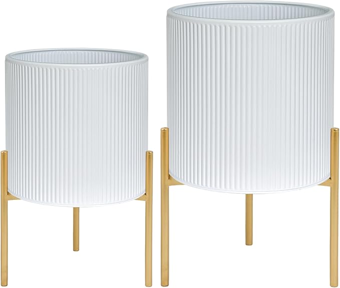 ARNIS Modern Plant Pots, Set of 2 Round Large Planters with Stand, Large Size Metal Pots with Drainage Holes for Living Room, Office, Garden or Balcony, 10.5 &12.25 Inch, White & Gold