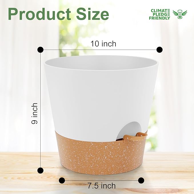 10 inch Plant Pots, Self-Watering Planters with Drainage Holes & Saucers for Indoor and Outdoor Plants (2-Pack,White