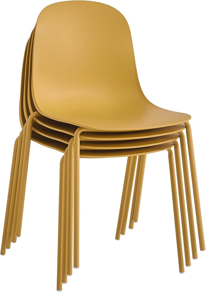 Plastic Stackable Dining Chairs Set of 4, Modern Outdoor Patio Chairs with Metal Legs for Patio Cafes, Restaurants and Office Waiting Room (Mustard Yellow)