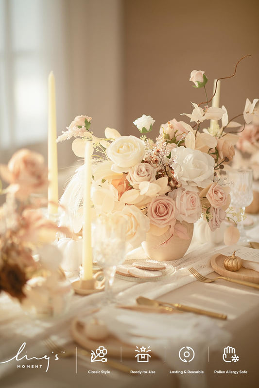 Ling's moment Fake Flowers Box, White & Beige Grand Combo