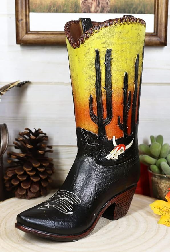Ebros Gift Rustic Western Faux Tooled Leather Cowboy Cowgirl Boot with Sunrise Dawn Desert Cactus and Cow Skull Decorative Figurine Or Floral Vase Planter Table Countertop Accent