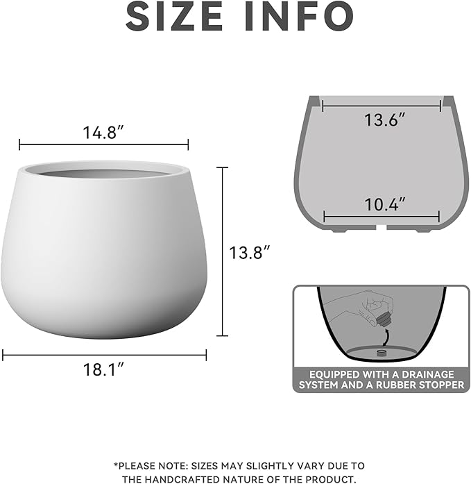 Kante Curva Series Planter, 14.8 Inch Round Concrete Garden Pot with Draiange Hole and Rubber Plug, Suitable for Indoor Plants, Home, Garden, Patio, White