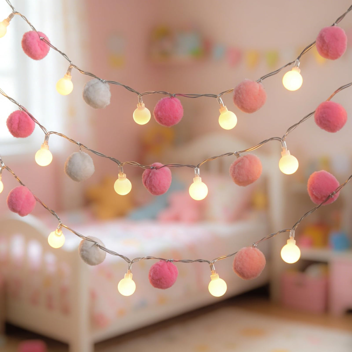 9.84FT Pom Poms Fairy Lights - 30 LED Battery & USB Operated String Lights with Warm White Globe Balls - Cute Indoor Decor for Bedroom Kids Room Playhouse Back to School Birthday Baby Shower - Pink