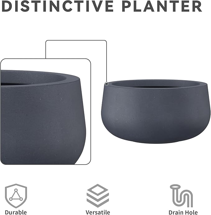 Kante 15.7" Dia Round Concrete Planter, Outdoor Indoor Garden Plant Pots with Drainage Hole and Rubber Plug, Modern Curvaceous Design, Charcoal