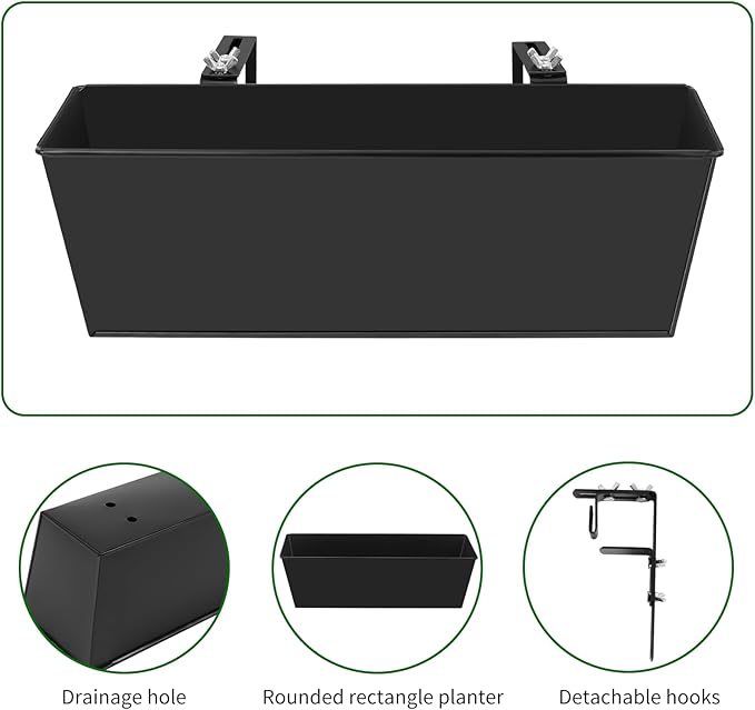 Railing Planter for Outdoor Plants 16 Inch Metal Rectangular Window Boxes with Adjustable Brackets and Drainage Hanging Flower Pots for Balcony Deck Railings Apartment Patio Decor Black(4PCS)