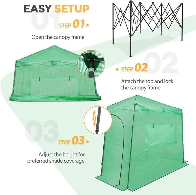 EAGLE PEAK Instant Pop-up Greenhouse, Indoor Outdoor Plant Gardening Green House, Roll-Up Zipper Doors and Side Windows, Lean-to 9x4 ft, PE Cover, Green/Clear