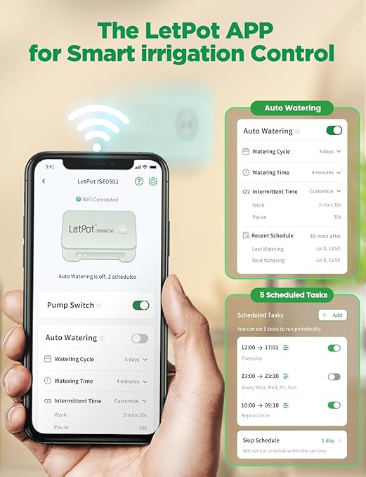 LetPot Automatic Watering System for Potted Plants, [Wi-Fi & App Control] Drip Irrigation Kit System, Smart Plant Watering Devices for Indoor Outdoor, Water Shortage Remind, IPX66, Green