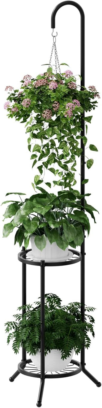 PULIJIAJU 2-tier Hanging Plant Stand Indoor and Outdoor, Space-Saving Iron Plant Shelf, 3 Potted Flower Pot Stand ,Planter Holder for Bedroom Balcony Living Room Patio Garden(Hook Style)