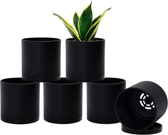 D'vine Dev 6 Pack 4.5 Inch Modern Plastic Plant Pots, Small Garden Planters for Plant with Drainage Holes and Saucers, Black Color, 74-Y-F-3