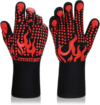 Comsmart BBQ Gloves, 1472 Degree F Heat Resistant Grilling Gloves Silicone Non-Slip Oven Gloves Long Kitchen Gloves for Barbecue, Cooking, Baking, Cutting