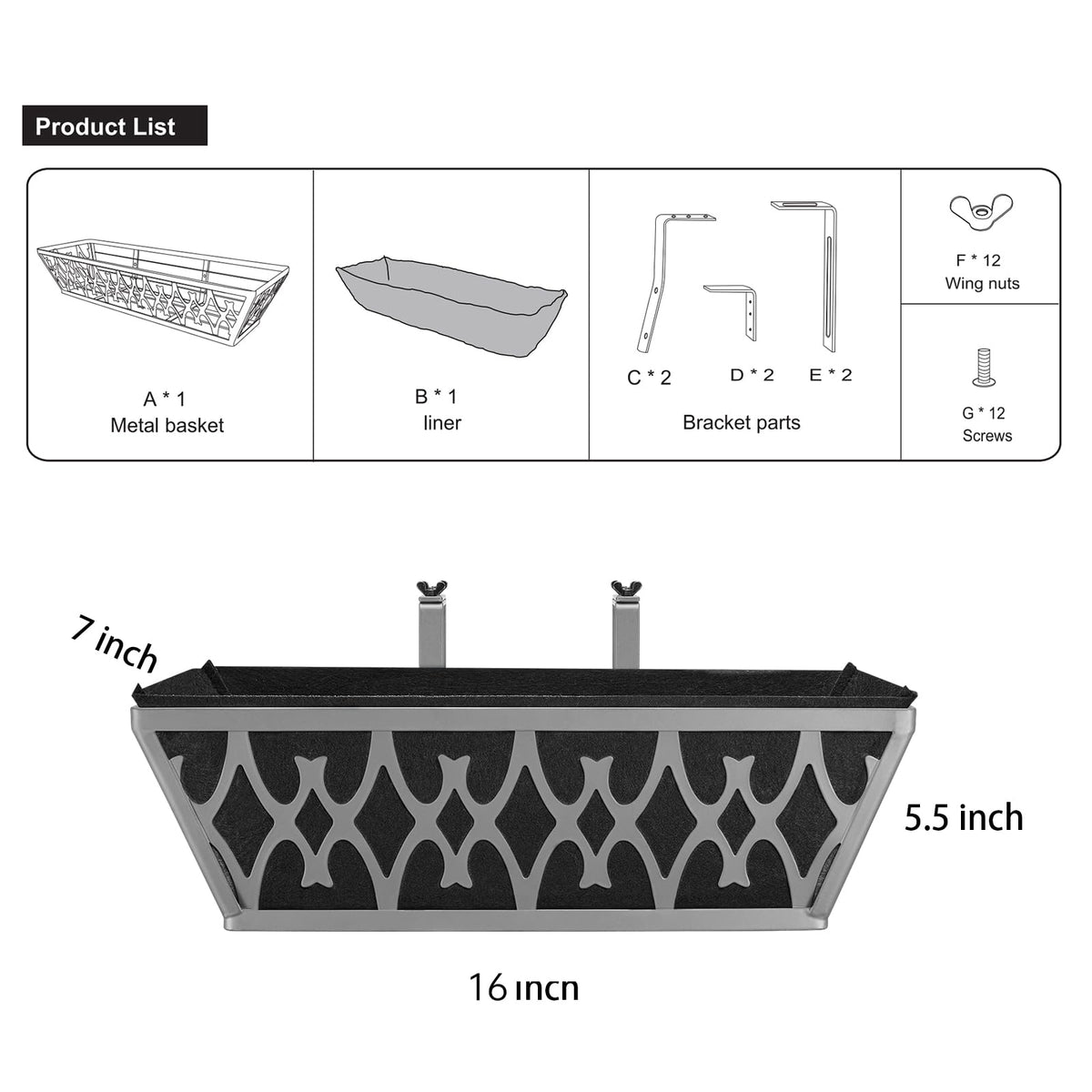 Karlliu 2 Pack 16 Inch Window Boxes Planters Railing Planter Box with Adjustable Brackets & Non-Woven Fabric Plant Grow Bags Deck Railing Planter Boxes Balcony Hanging Flower Box for Outdoor Plants