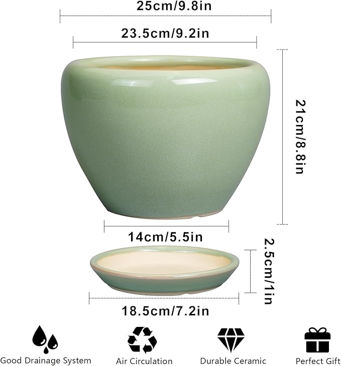Ceramic Planter Pot - 10 Inch Plant Pot for Indoor Plants Decorative Planter with Drainage Hole and Saucer Large Pot for Plants Outdoor Round Flower Pot for Garden Green