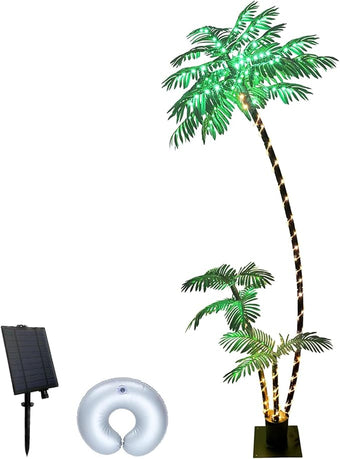 SOSHOT 7FT Solar Lighted Palm Trees for Outside Patio Light Up 260 LED Artificial Fake Tree Lights for Pool Bar Tropical Party Deck Outdoor Decorations
