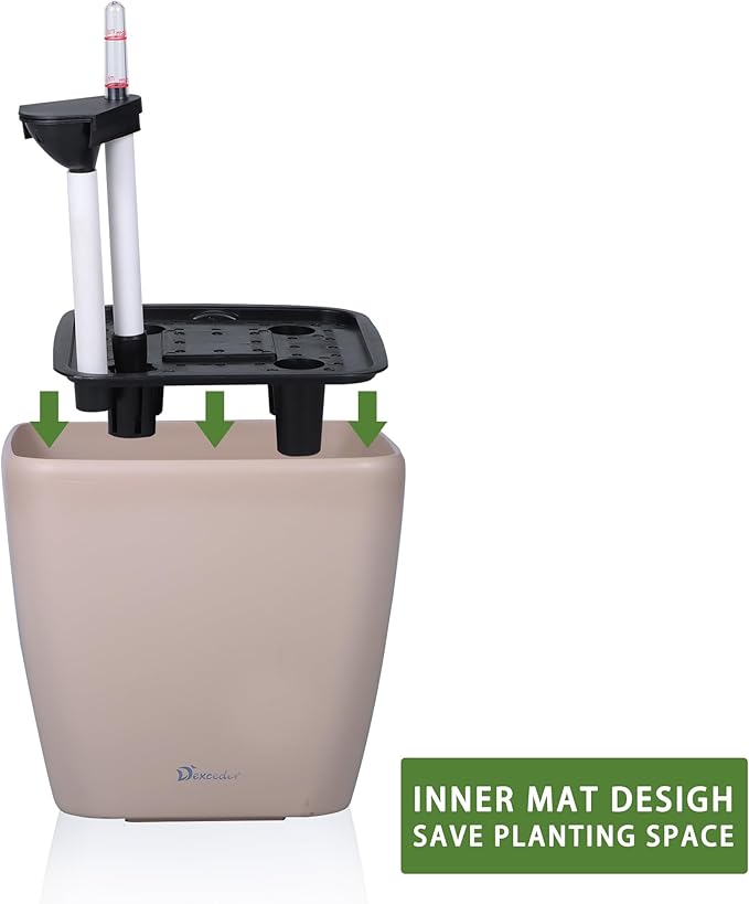 Dexceder 15x14 Self Watering Planter with Wheels Indoor Outdoor, Inner Mat Design, Thickened Large Floor Standing Flower Plant Pot with Water Level Indicator (Taupe Matte)