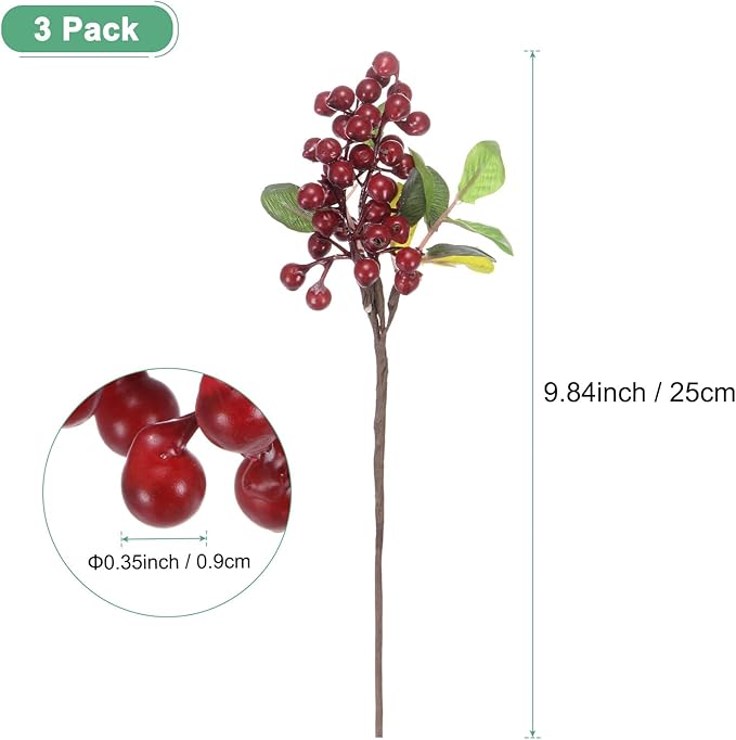 3-Pack Artificial Berry, 9.8 Inch Faux Holly Berry Foam Faux Frosted Berries with Stems for Home/Wedding/Christmas/DIY/Party/Garden/Office [Bright Red]