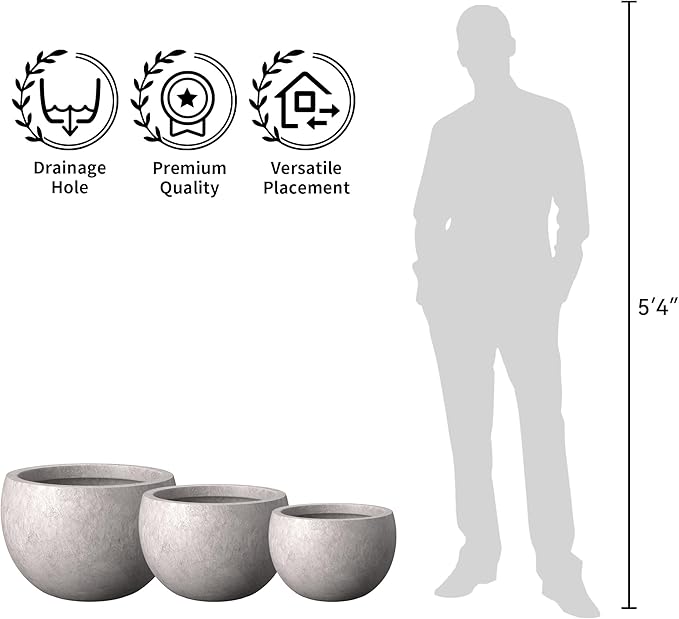 Kante 15.7" Dia Round Concrete Planter, Outdoor/Indoor Large Bowl Plant Pots with Drainage Hole and Rubber Plug for Garden Patio Balcony Home, Light Gray