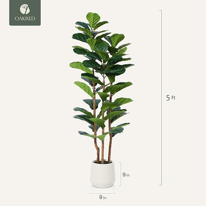 OAKRED Artificial Fiddle Leaf Fig Tree with White Planter,5ft Tall Fake Tree with Natural Wood Trunk for Home Decor, Faux Ficus Tree Fake Moss for Indoor Office Living Room