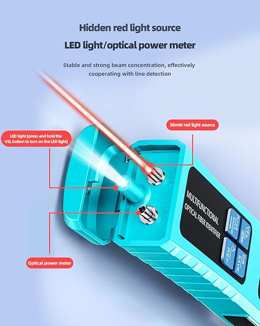 Buacoz Battery-Powered Fiber Optic Identifier -50-26dBm – 5-in-1 Tool with Power Meter, Red Light Source, Clamp for Single & Multi-Mode Fiber Direction Check