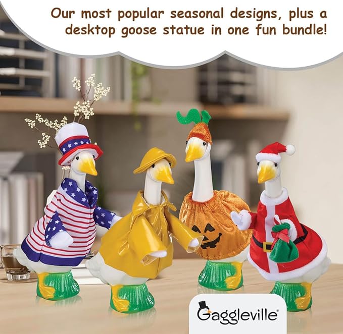 Fox Valley Traders Gaggleville 7" Desktop Goose Figurine with All Seasons Outfit Bundle – Includes 4 Adorable Seasonal Costumes for Spring, Summer, Fall & Winter – Fun Indoor Décor & Gift Idea