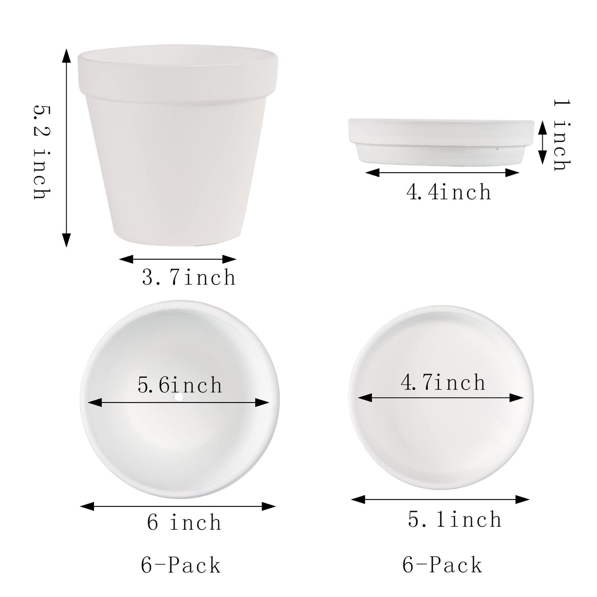 Yishang Large Terra Cotta Pots with Saucer- 6 Pack Large 6'' Terra Cotta Plant Pot with Drainage Hole, Flower Pot with Tray, Terracotta Pot for Indoor Outdoor Plant(White)