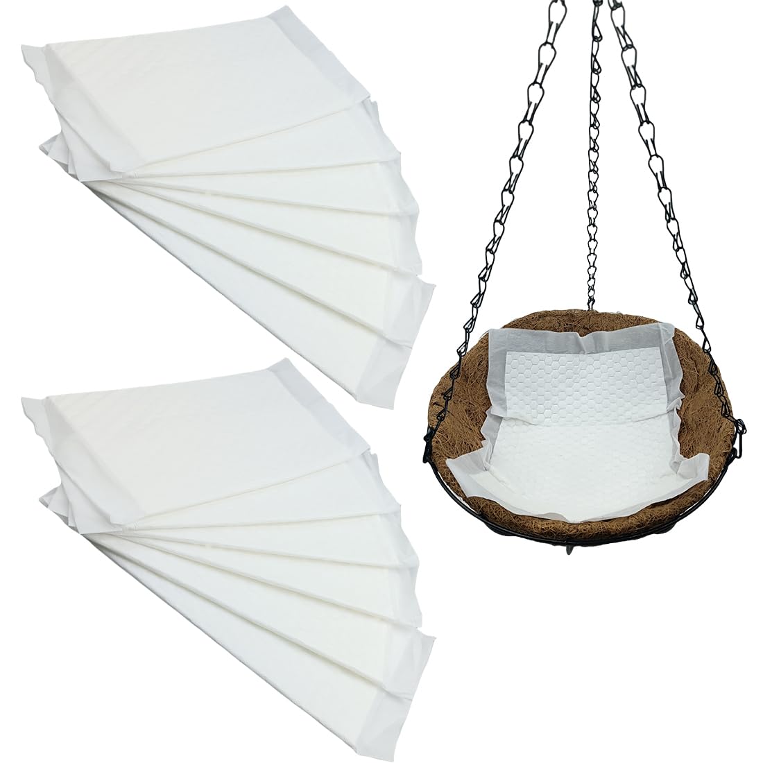 Hengengood 12Pack Self Watering Liners for Hanging Plants Basket,10 X 14” Plant Basket Insert Watering Devices Coconut Liner Auto Watering Mat for Outdoor Window Box Pot (12, White)
