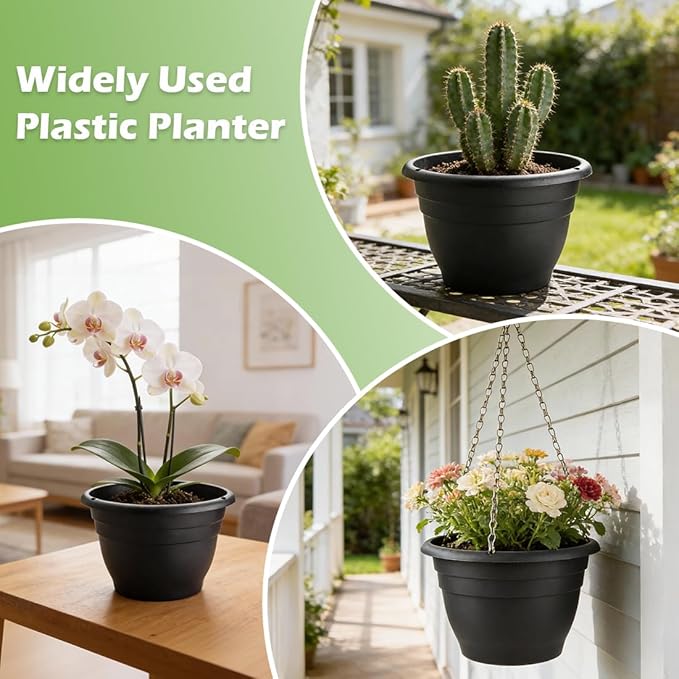 RooTrimmer 15 Pack 11 Inch Plant Pots with Drainage Holes,Black Plastic Flower Pots with Hanging Holes,Durable Planters for Indoor & Outdoor Plants,Nursery Pots