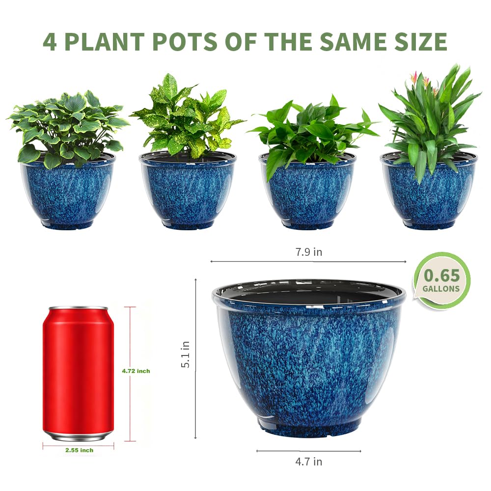 8 Inch Plant Pots Indoor Outdoor, Glazed Plastic Planter with Drainage