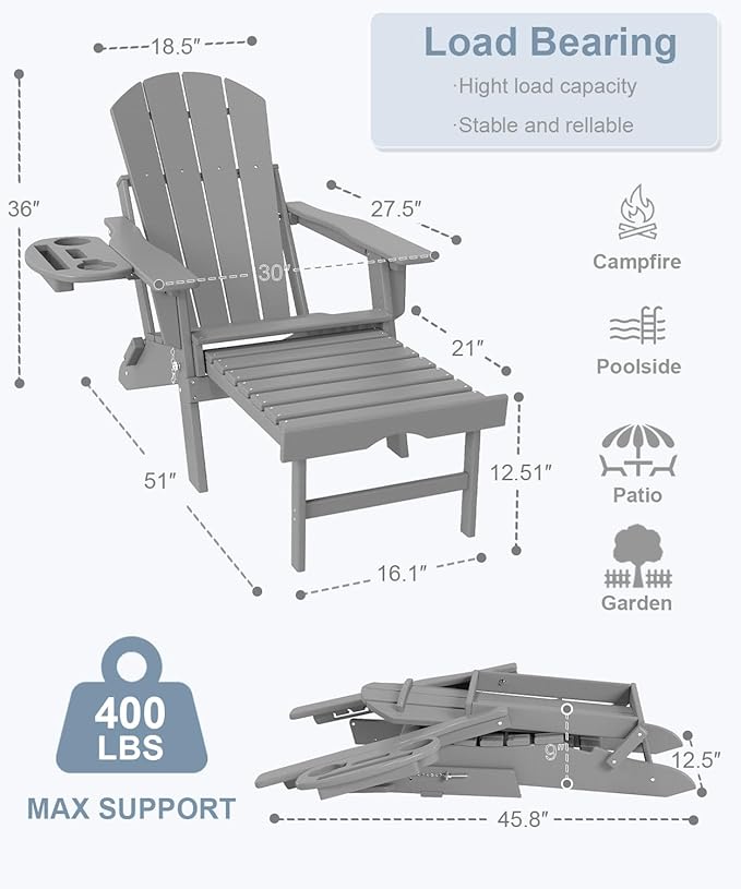 Adjustable Adirondack Chair with Retractable Ottoman Set of 8, HDPE Folding Adirondack Chair with Cup Holder, All Weather Fire Pit Chair for Outdoor.