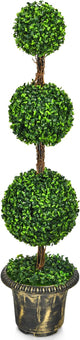 DREAMADE 4ft Topiary Trees Artificial Outdoor, Triple Ball Boxwood Topiary w/Cement-Filled Retro Pot, Fake Plants Shrub Bushes for Home, Office, Porch, Front Door, Entrance, Backyard