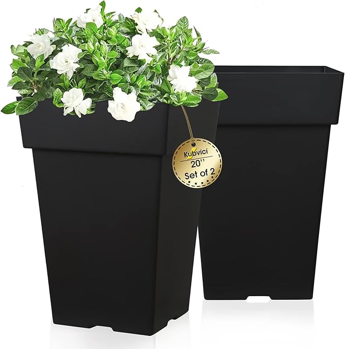 kubvici 20 Inch Tall Planters for Outdoor Indoor Plants, Set of 2 Large Plastic Plant Pots Flower Pot Outdoor Planter for Front Porch Door Balcony Deck with Drainage, with Removable Wheel, Black 20"