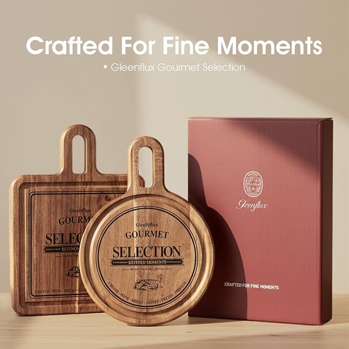 GleeNflux Acacia Wood Charcuterie & Cheese Board Set, 2-Piece Mini Serving Boards for Cheese, Fruit, Nuts & Appetizers – Elegant Snack Boards for Entertaining & Gift Giving