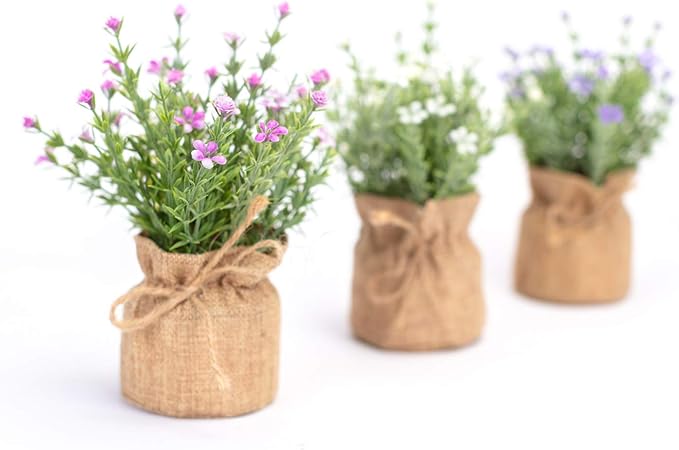Velener Babys Breath Artificial Flowers in Small Burlap Bag Vases 3Pcs -Gypsophila Faux Flowers Farmhouse Home Coffee Table Bookshelf Office Desk Decorations Kitchen Dining Room Fake Plants Indoor