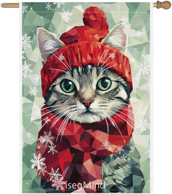 American shorthair Cat with Red Scarf and Hat Snowflake Christmas Garden Flag, 28x40 Inch Double Sided Linen Holiday Red Winter Farmhouse Yard Outdoor Decoration (4330)