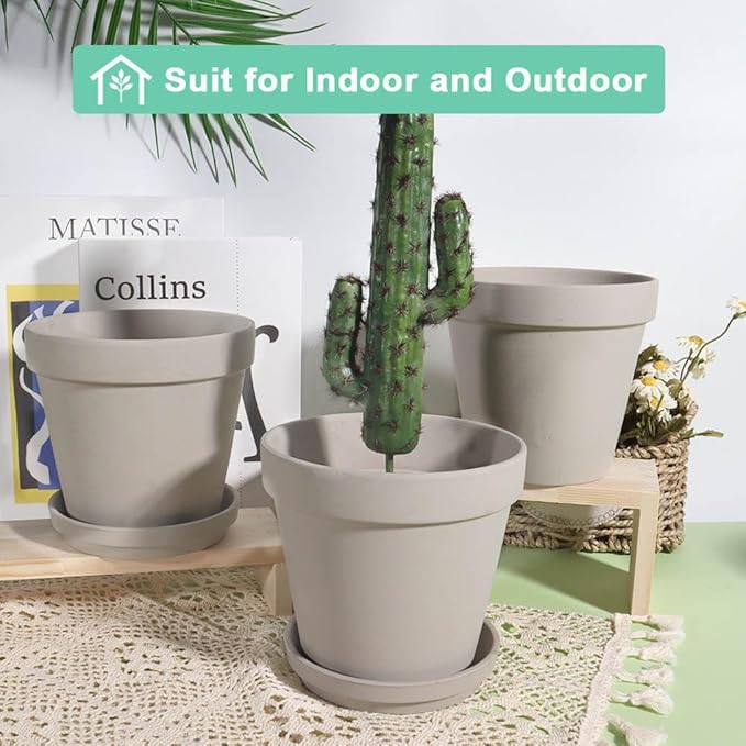 vensovo 6 Inch Grey Terracotta & Clay Pots for Plant with Saucer - 4 Pack Medium Terra Cotta Planter with Drainage Hole, Flowerpot for Indoor Outdoor Plants, Crafts, Wedding Favor