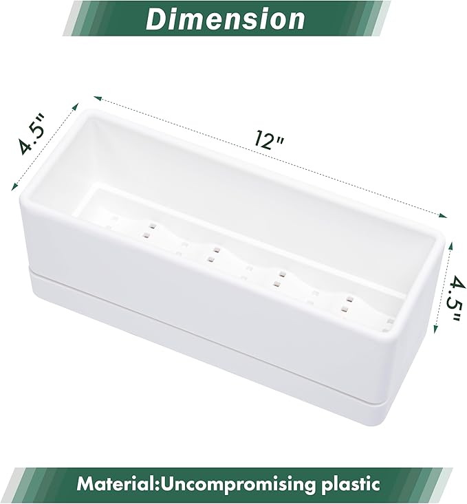 D'vine Dev 12 Inch Window Box Planter, Rectangle Plastic Herb Planter with Drainage Holes and Saucer, Indoor Succulent Cactus Vegetable Pot for Windowsill, Garden Balcony, White, Set of 1, 76-X-A-1