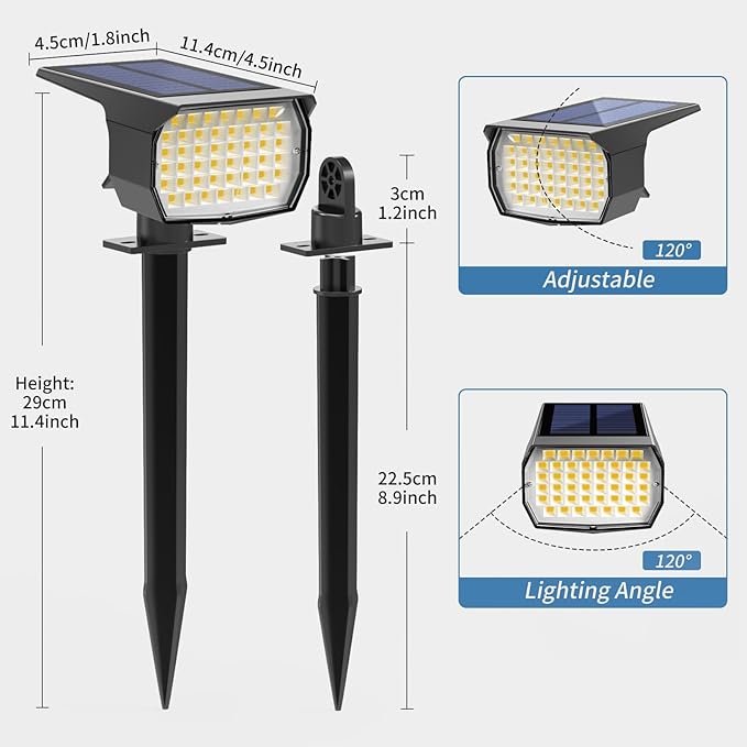 WENATY Solar Spot Lights Outdoor Waterproof IP65, 12 Pack Landscape Spotlights with 46 LEDs, 3 Modes Auto On/Off Solar Powered Flood Lights for Outside Pathway, Yard, Garden, Walkway (Warm White)
