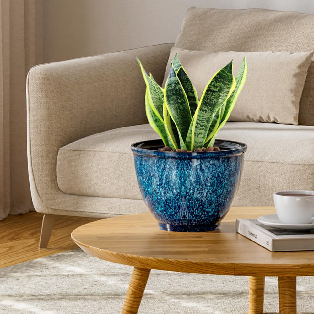 8 Inch Plant Pots Indoor Outdoor, Glazed Plastic Planter with Drainage