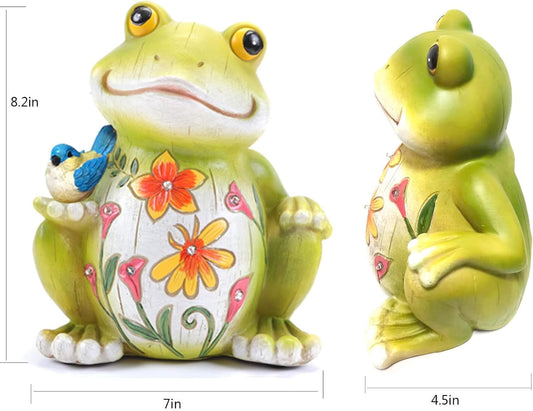 Solar Powered Frog Garden Statue, Resin Frog Figurine with Little Bird & Warm LED Lights, Waterproof Outdoor Decor Frog Sculpture, Lawn Yard Patio Backyard Flower Bed Ornament, Housewarming Gift