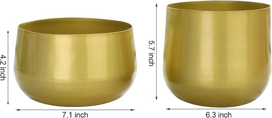 Vixdonos Gold Metal Flower Pots Brass-Toned Garden Planters, 7.1/6.3 Inch Indoor Round Succulent Containers, Pack 2 Cactus Plant Pots with Drainage Hole
