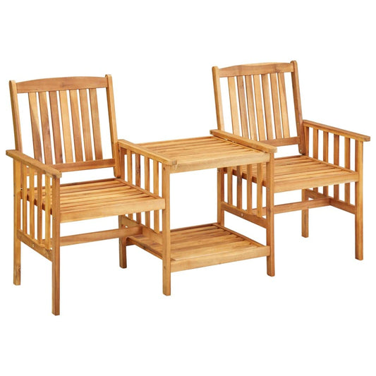 KGFHERENB Outdoor Bistro Set with Cream Cushions - Solid Acacia Wood 3-Piece Patio Conversation Set with Built-in Table, Space-Saving Small Balcony Furniture for Garden and Porch Casual Dining