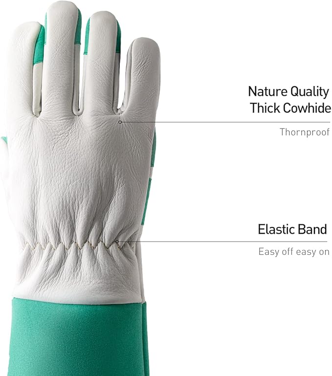 HANDLANDY Long Gardening Gloves for Men & Women, Thorn Proof Rose Pruning Gloves Leather Gauntlets Garden Glove Yard Work Glove (Medium, Green)