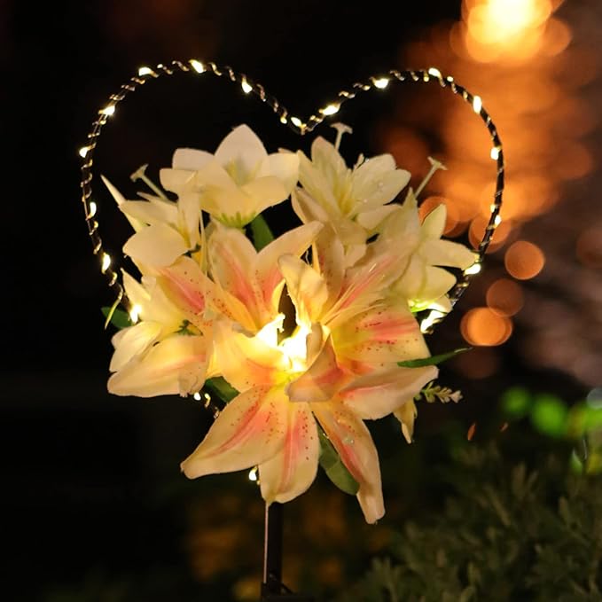 Starryfill Garden Solar Lights Outdoor Heart-Shaped with White Lily Flowers, Metal Stake Lights with 25led Warm White Decorative for Remembrance Gifts Cemetery Decorations Birthday's Day