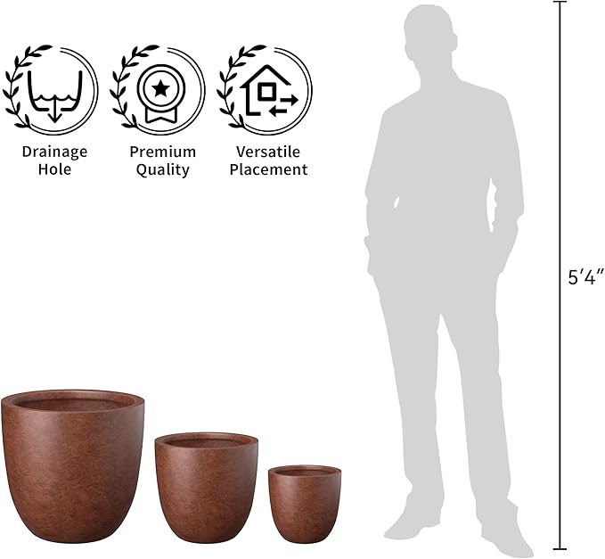 Kante Round Concrete Planter Set of 3, Large Outdoor Indoor Plant Pots with Drainage Hole, 10/14/18-Inch Diameter Flower Pots for Patio, Garden and Home, Rusty