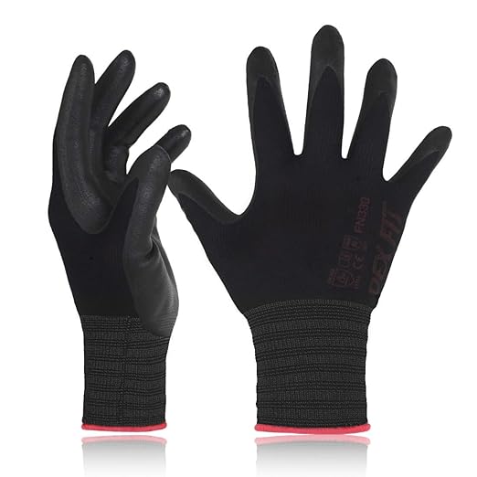 DEX FIT Nitrile Work Gloves FN330, 12 Pairs, 3D-Comfort Stretchy Fit, Firm Grip, Thin & Lightweight, Touch-Screen Compatible, Durable, Breathable & Cool, Machine Washable; Black XXL (11)