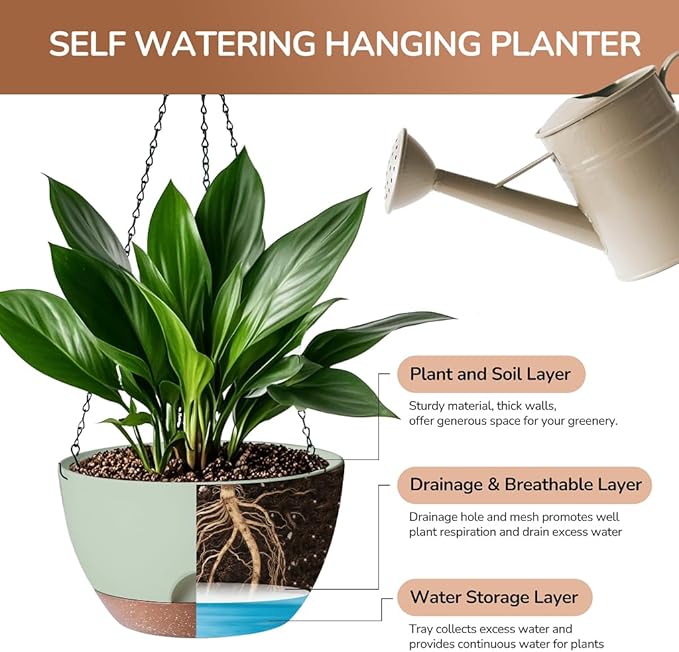 LESOASIS 12 Inch Hanging Baskets for Plants Outdoor, Hanging Planters for Indoor Outdoor Plants, Hanging Planter with Self Watering, Hanging Flower Pots (Green)