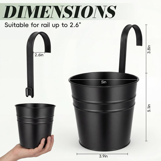 HowRU Hanging Flower Pots, Railing Planter Box for Outdoor Plants 12 Pack 5 Inch Metal Hanging Planters with Detachable Hooks Balcony Window Fence Garden Decoration Flower Boxes (Black)