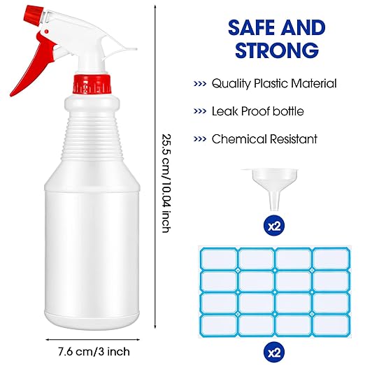 Sabary 18 Pack Spray Bottles in Bulk,16 oz Plastic Empty Clear Spray Bottles for Cleaning Solution Leak Proof Refillable with Label Funnels and Adjustable Nozzle for Home Gardening Commercial