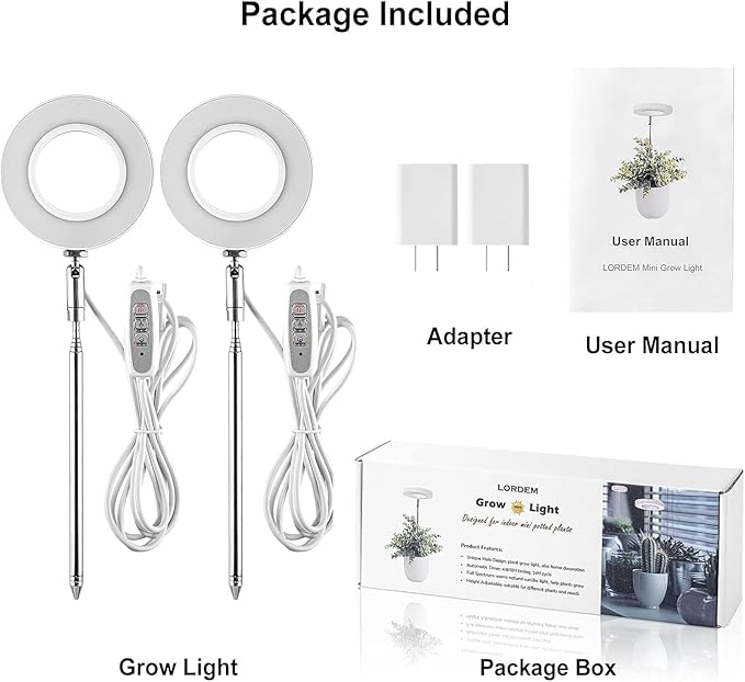LORDEM Grow Light, Full Spectrum LED Plant Light for Indoor Plants, Height Adjustable Growing Lamp with Auto On/Off Timer 4/8/12H, 4 Dimmable Brightness, Ideal for Small Plants, 2 Packs
